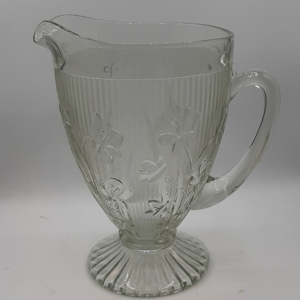 Vintage Jeanette Clear Glass Iris And Herringbone 56 oz 9" Footed Pitcher